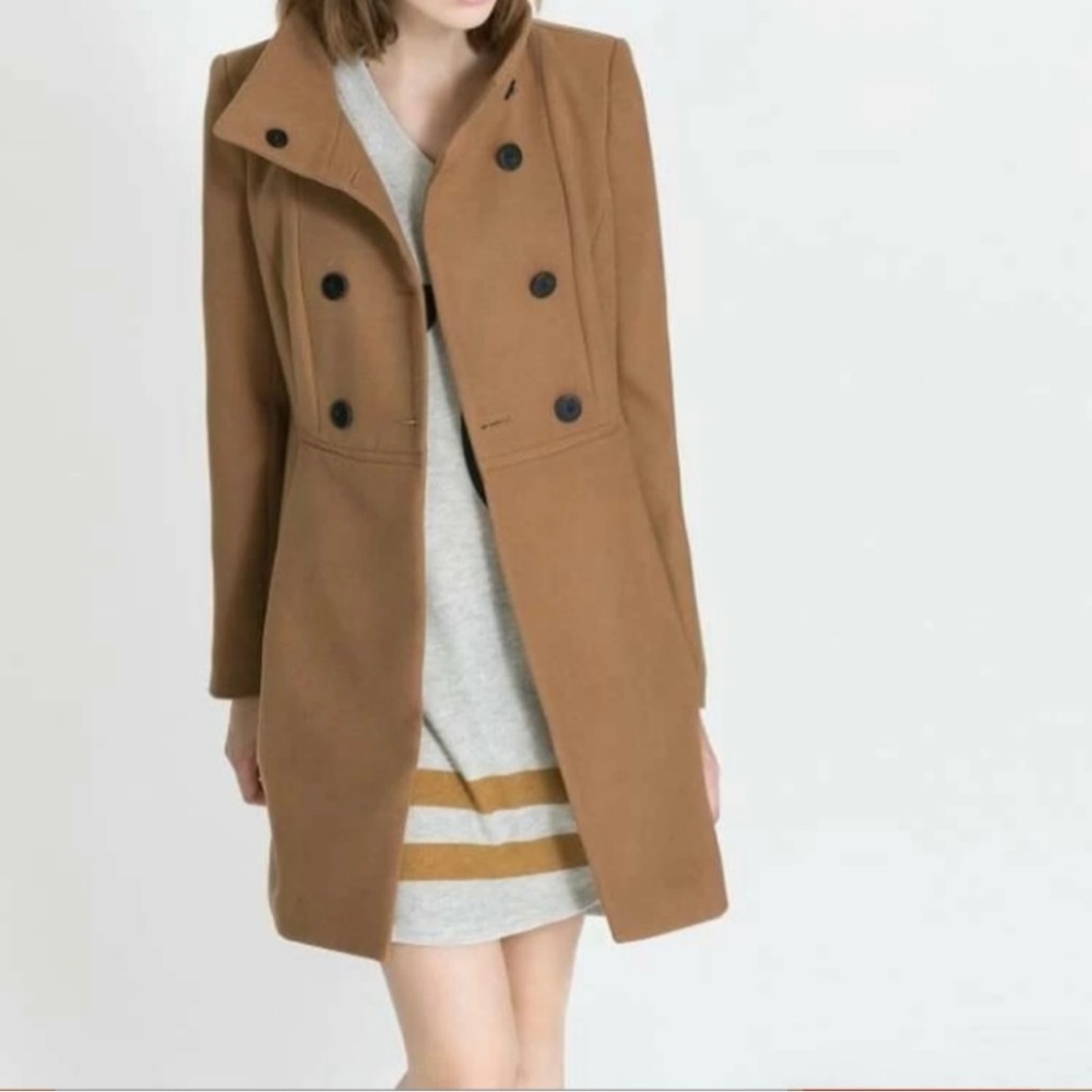 Zara Trafaluc Camel Tan Stand Collar Double Breasted Button Down Fitted Peacoat